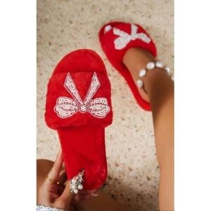 BRAND NEW WITH TAGS Red Plush Rhinestone Bow Slippers with Pearl Detail
